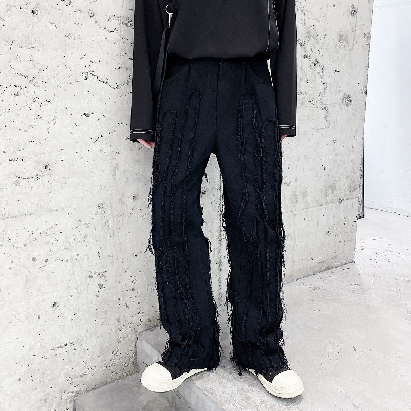

2020 Borderline Stripe Broken Splice Male Straight Streetwear Hip Black-white Goth Hip-hop Pants Japanese Gu2r, 9972 white