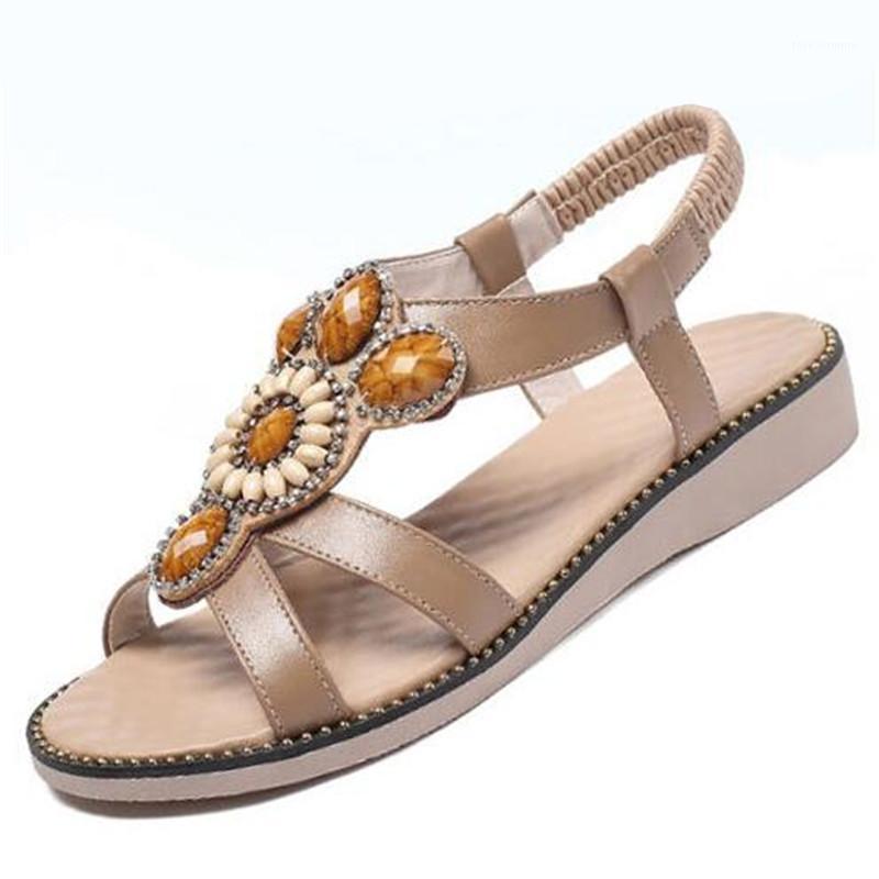 

2020 Hot Summer New Rhinestone String Bead Flat Beach Sandals Genuine Leather Women Sandals Comfort Light Fashion Casual1, Beige