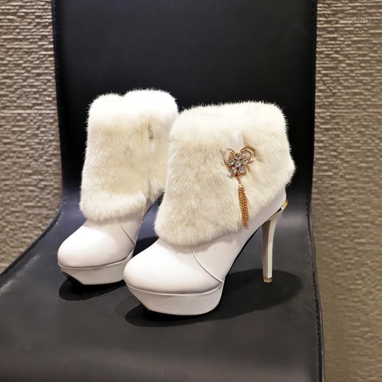 

2018 new boots female high heel stiletto waterproof platform rhinestone tassel white tube warm women's boots1, Black