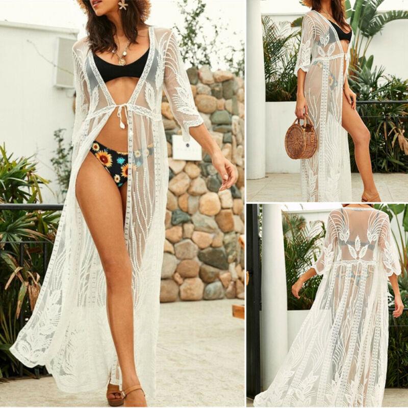 

Women Sheer Mesh Kimono Cardigan Bikini Cover Up Beach Swimwear Maxi Long Dress, White