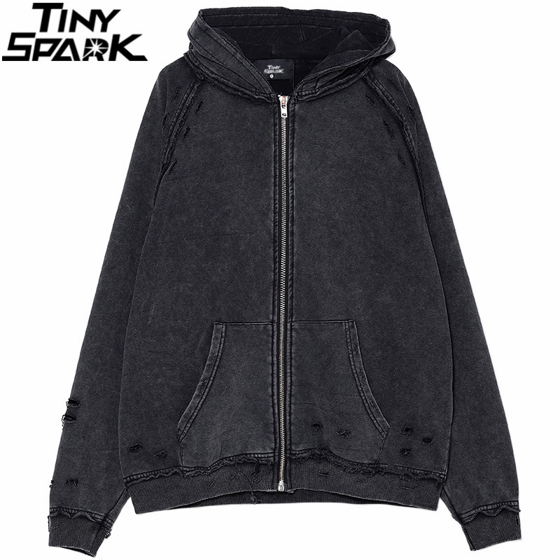 

2020 Men Hip Hop Streetwear Jacket Coat Washed Black Retro Vintage Ripped Holes Jacket Cotton Zipper Track Hooded Jacket Outwear, A12820a112 black