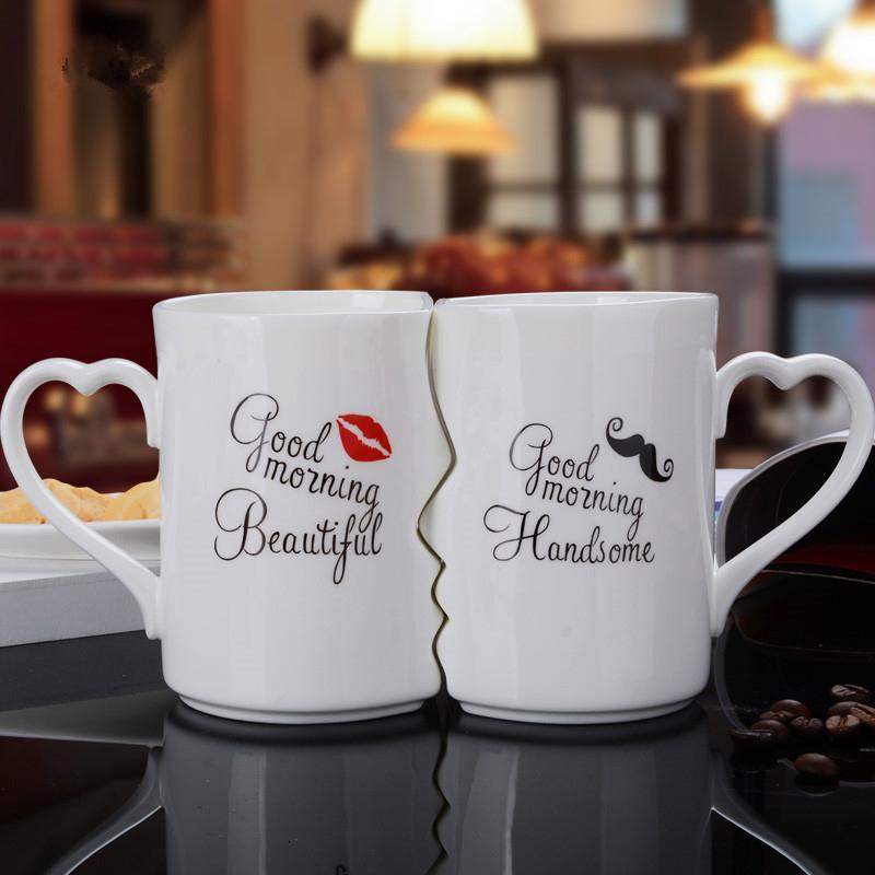 

Two creative coffee cups Double Bowl Ceramic Bowl kiss Valentine's day birthday gift wedding Trent fashion Couple ceramic cups, A no lid