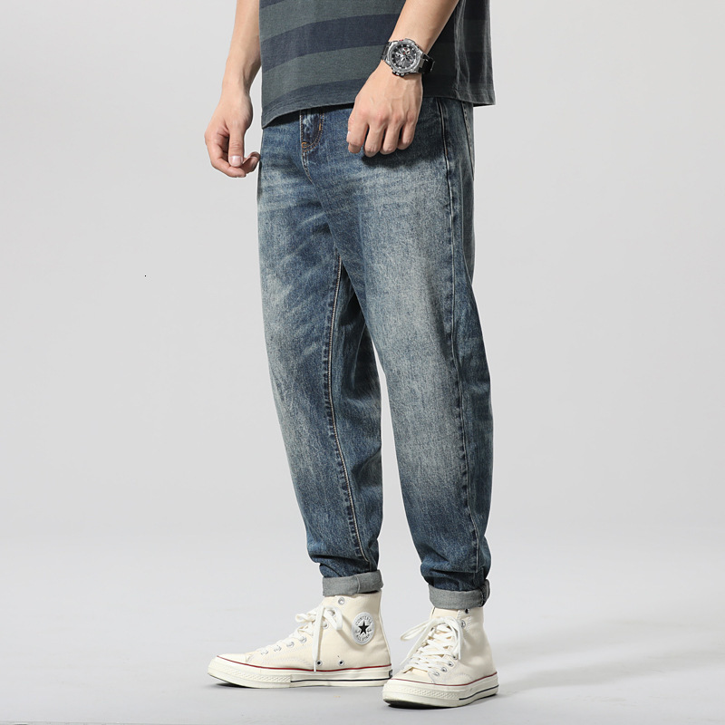 

2021 New Japanese Vintage Fashion Loose Fit Retro Blue Denim Harem Pants Wide Leg Trouser Streetwear Hip Hop Designer Jeans Men Cauq