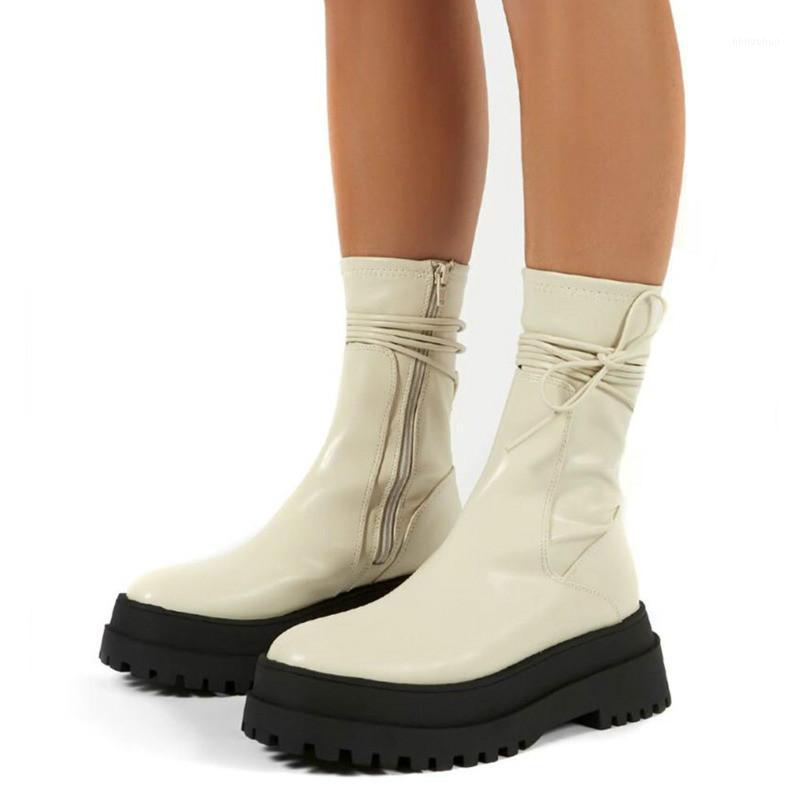 

2021 Women Boots Autumn Winter New Female Platform Mid Calf Boots Thick Heels Punk Combat Women Cool Fashion Ladies Shoes1, Black