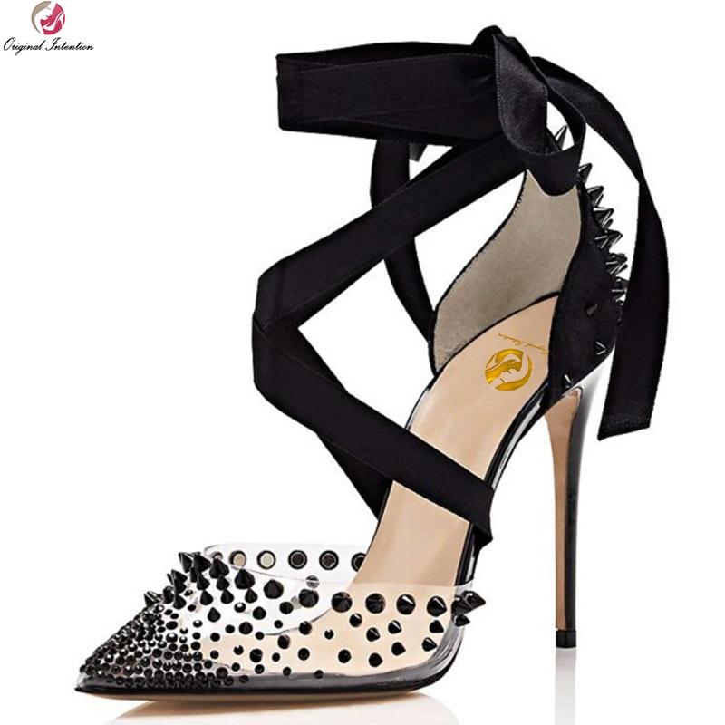 

Original Intention Stylish Women Sandals Rivets Open Toe Thin High Black Shoes Woman Plus Size 4-20, Oi0894 black