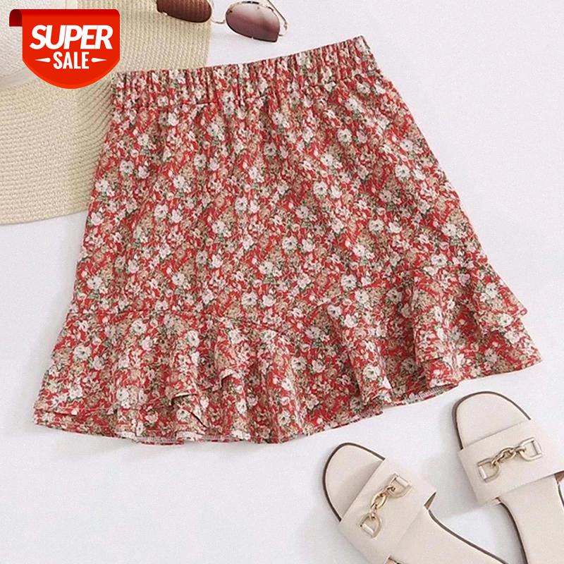 

2020 New Summer Print Ruffles Skirt Women Casual Above Knee Mini A-line Short Skirt #sK0H, White;black