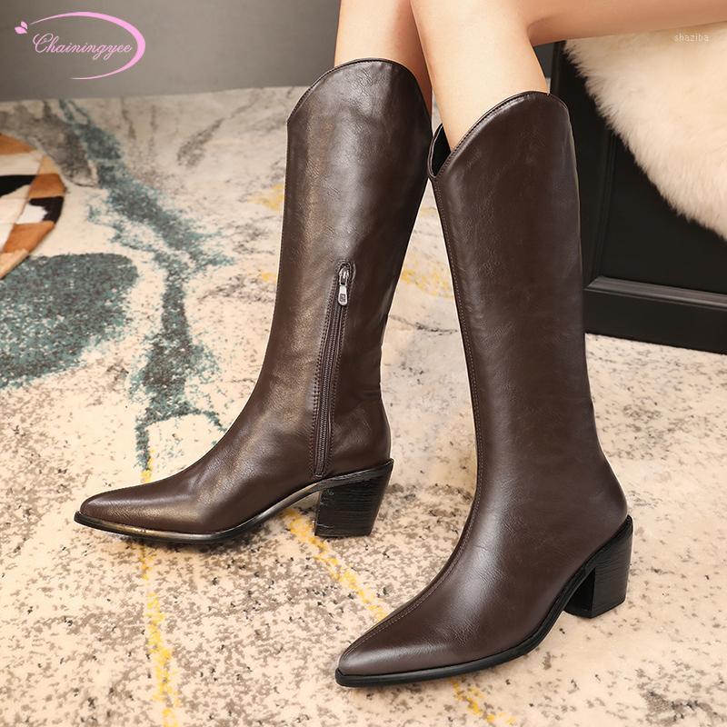 

Casual style sexy pointed toe knee-high boots fashion zipper black white brown high-heeled chunky riding boots women's shoes1