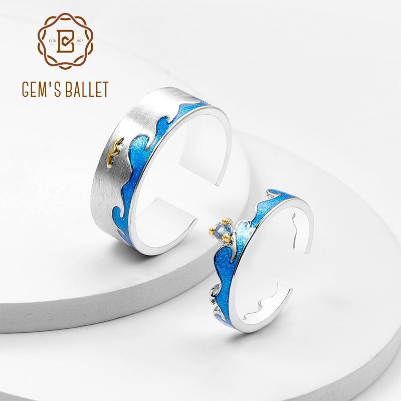 

GEM'S BALLET 925 Sterling Silver Enamel Rings Fine Jewelry Natural Blue Topaz Handmade Adjustable Open Ring For Couple1