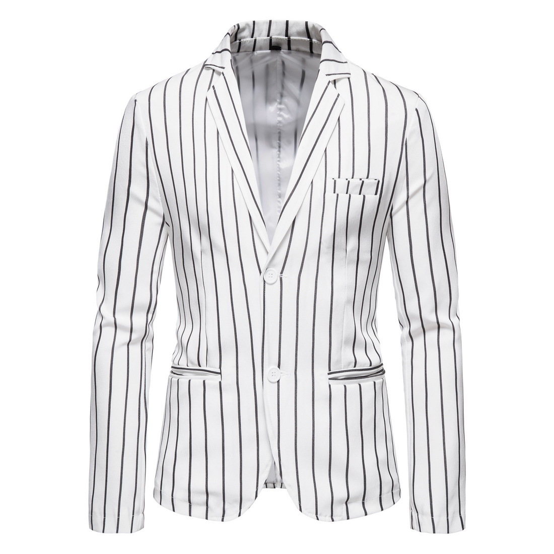 

2021 Men of Two Buttons Vertical Stripe Fashion Casual Man Blazer Fine Suit Nightclub Dj Singer Costume Plus Size 5xl 4g3s, White