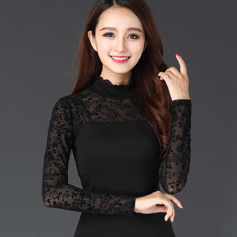 

2022 spring and autumn new style fungus collar mesh lace bottomed shirt thin long sleeve T-shirt women's top, Black rose