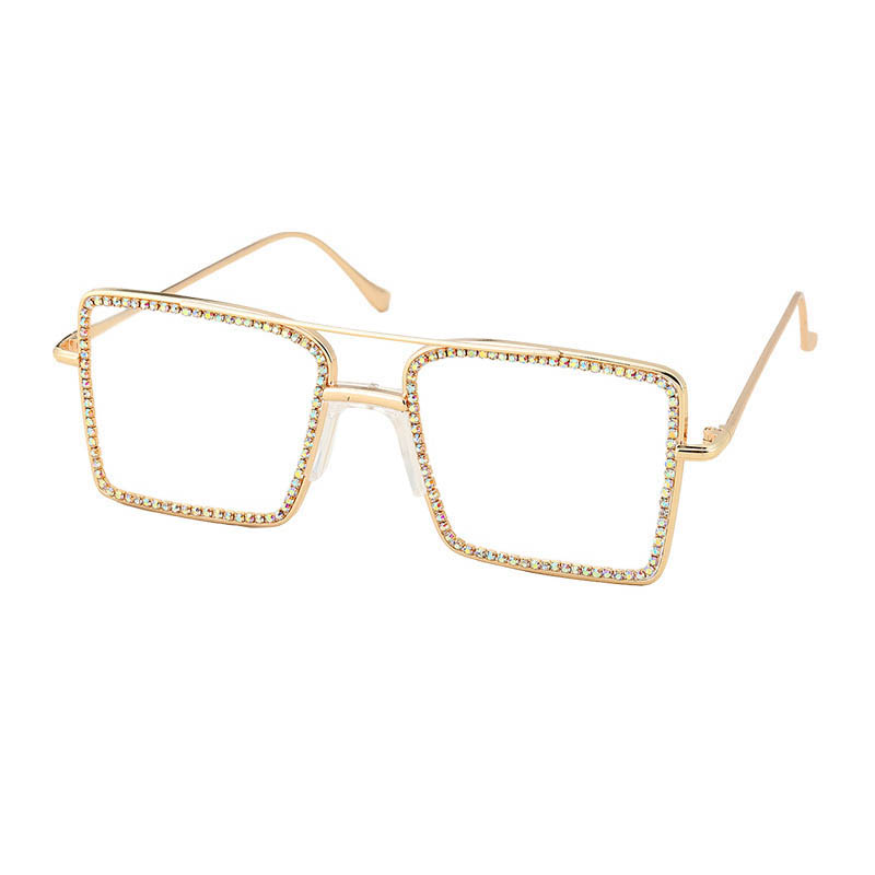 New Luxurious Women Fashion Glasses Full Metal Square Frame With Artificial Crystals Ring Big Eyes Ornamental Eyewear-image-640436539