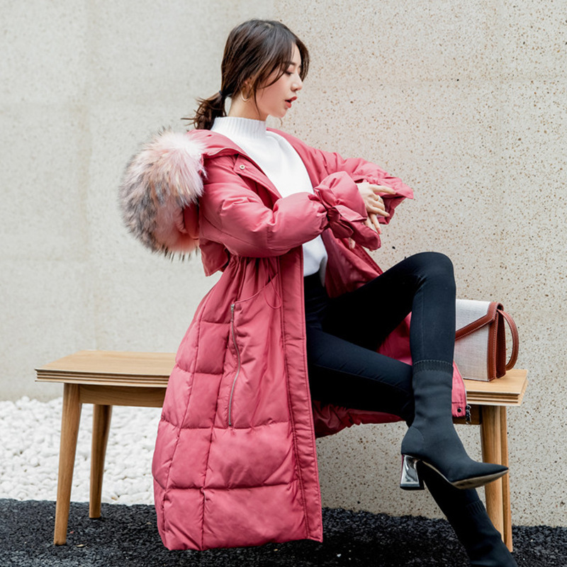 

2021 New Woman Winter with Hoodie Big Korean Leather Collar Long Duck Down Female Jacket Parka Chaqueta Mujer Kj2666 Qtab, Red watermelon.