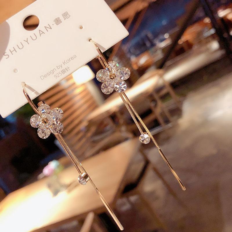

Dangle & Chandelier Korean Fashion Rhinestone Flower Tassel Earrings For Women Water Drop Crystal Long Pendant Party Jewelry