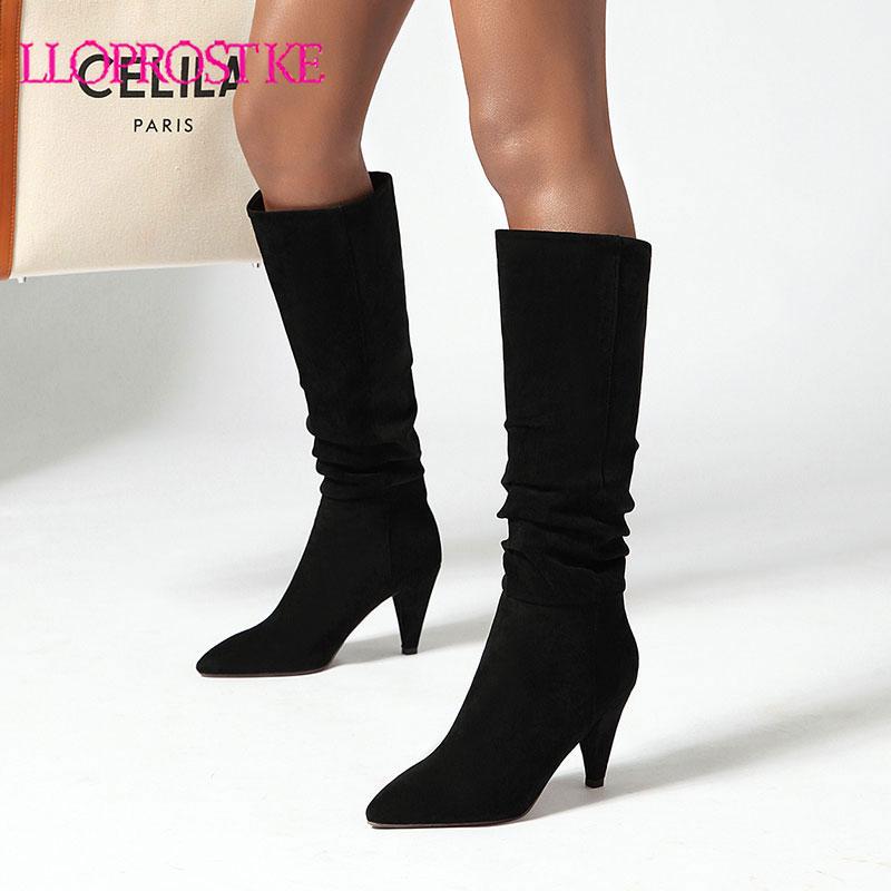 

Lloprost ke 2020 hot sale knee high boots women high heels shoes pointed toe autumn winter long boots woman party wedding shoes, Beige