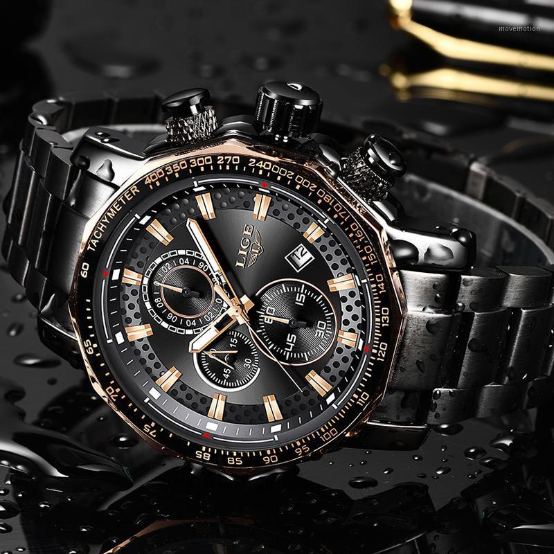 

2020 LIGE Mens Watches Top Men Waterproof Sport Watch Men All Steel Big Dial Quartz Clock+Box Reloj Hombre1, Black rose gold