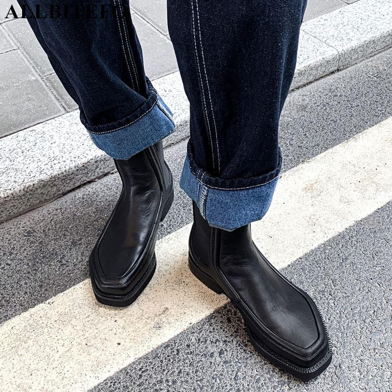 

ALLBITEFO genuine leather square toe low-heeled comfortable women boots thick heels ankle boots for woemn office ladies shoes, As picture