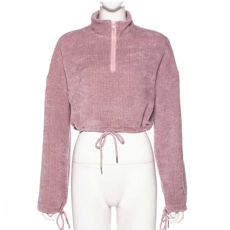 

Women' foreign style corduroy yoga sports tie short running sports top solid color high collar sleeve breathable fitness suit, Pink