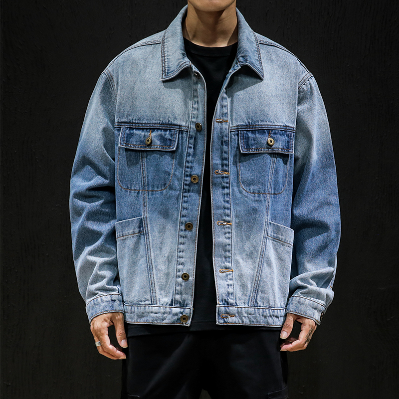 

2021 New Blue Pocket Light Denim Jeans Spring Fashion Male Jackets Outward Clothes Oversize H93G, J1817