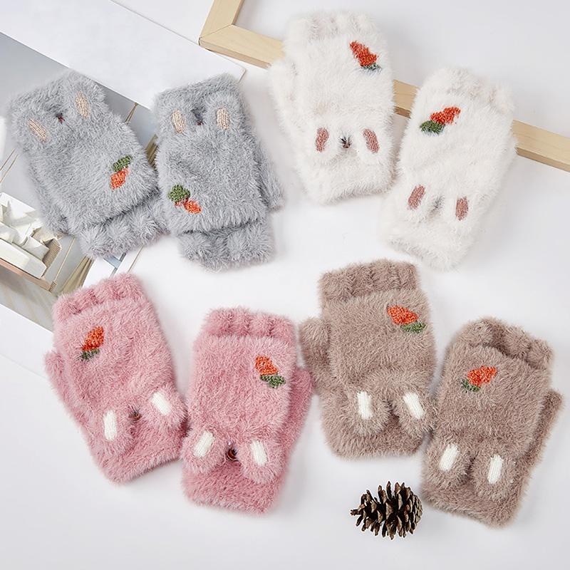 

Women Winter Warm Fur Flip Half Finger Gloves Female Cute Cartoon Writing Office Plush Velvet Touch Screen Knitted Gloves