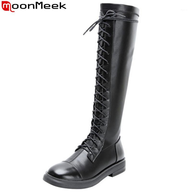 

MoonMeek 2020 new knee high boots women cross tied genuine leather boots low heels ladies autumn winter women1, Beige not fur