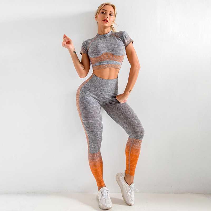 

Women Seamless Yoga Set High Waist Sport Leggings Short Sleeve Tops Gym Set Fitness Clothes Suit Workout Sportswear Yoga Suit1, Blue