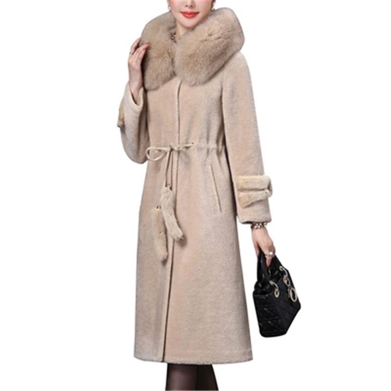 

Wool Coat Female 2020 Autumn And Winter New Imitation Big Fur Collar Warm Waist Sheep Shearing Coat Long H0281, Black