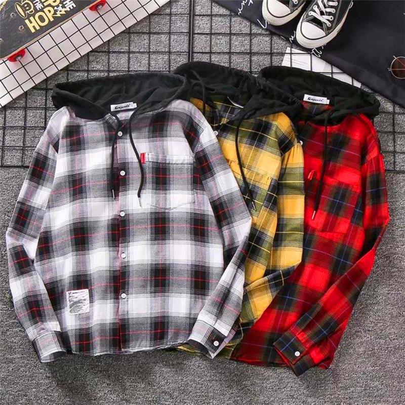 

Men's Casual Shirts For Men Harajuku Fashion Male Streetwear Hoodies Plaid Shirt Spring Autumn Printing Tops Camisas De Hombre Ropa, White;black