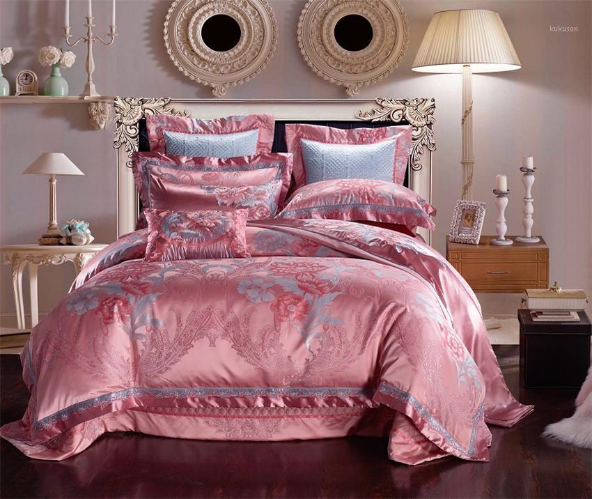 

Pink Silk Cotton Satin Jacquard Luxury Bedding Set Queen King size Bedding Sets Bed Sheet/Spread Set Duvet Cover bedclothes1