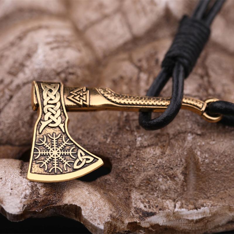 

Teamer Gold Color Trinket Viking Slavic Aegishjalmur Axe Bracelet Black Round Woven Rope Bracelet Amulet Jewelry for Men