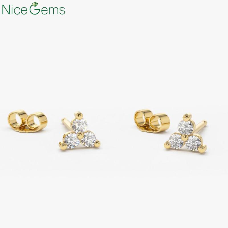

NiceGems 14K Gold Round cut Lab Grown Diamond Trio Tiny Stud Earrings Simple Three Stone Cluster Earring Push back HPHT diamond