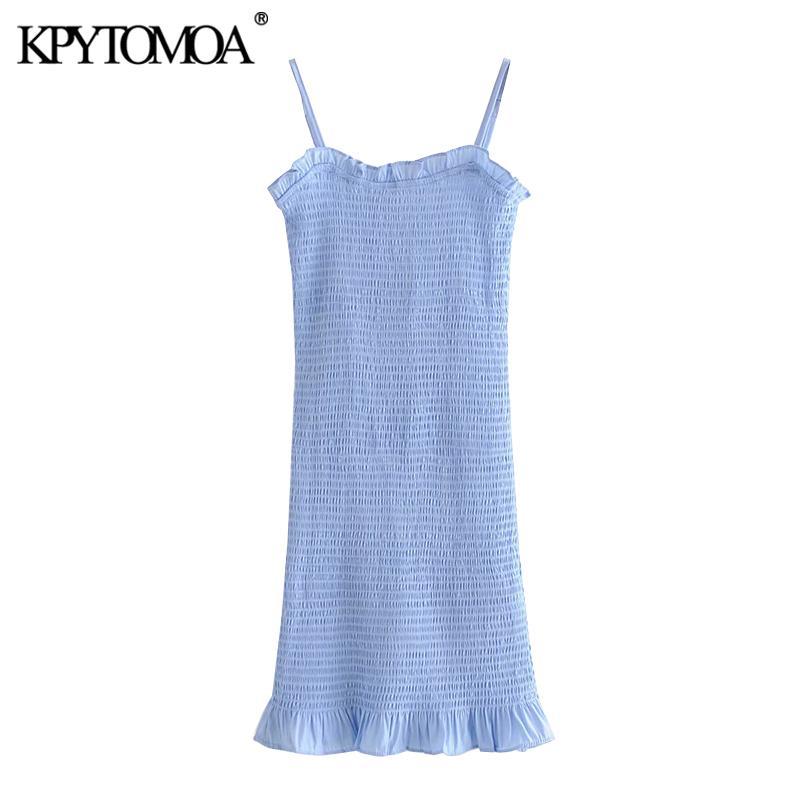 

KPYTOMOA Women 2020 Sexy Fashion Stretch Slim Ruffled Mini Dress Vintage Backless Spaghetti Strap Female Dresses Vestidos Mujer, Black