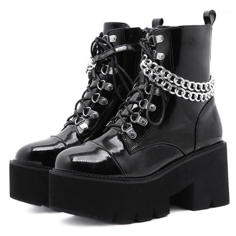 

FANAN Gothic Platform Boots for Women Ankle Booties with Chunky Heel Sexy Chain Zipper Patent Leather Motorcycle Boots Black1, Black