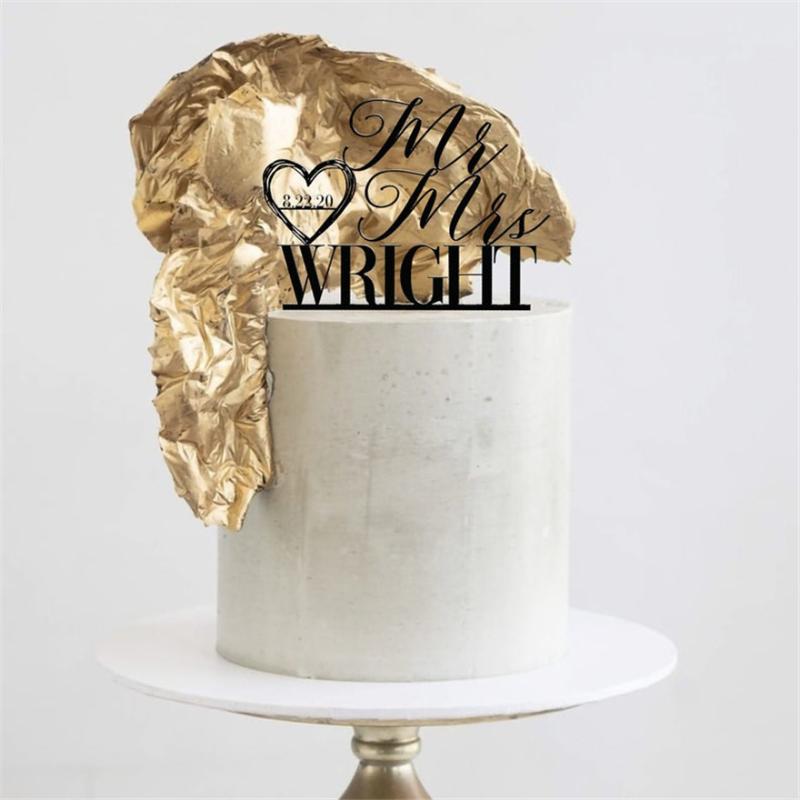 

Custom Mr Mrs Wedding Cake Topper, Personalized Last Name Cake Topper, Customized Heart With Date Topper