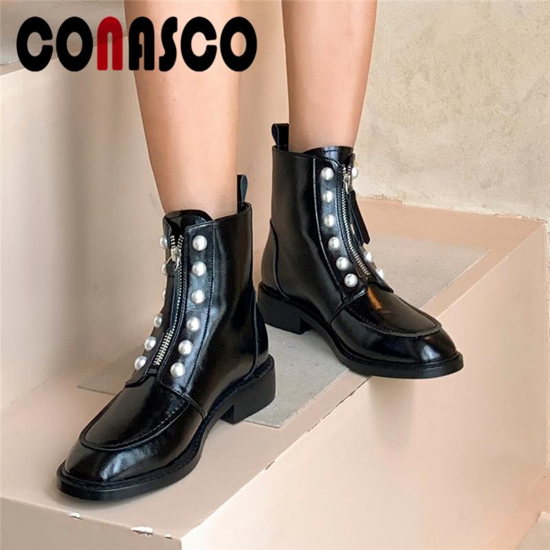 

CONASCO Popular Cool Women Ankle Boots Autumn Winter New Pearl Genuine Leather Shoes Woman Casual Front Zipper Low Heels Boots, Black