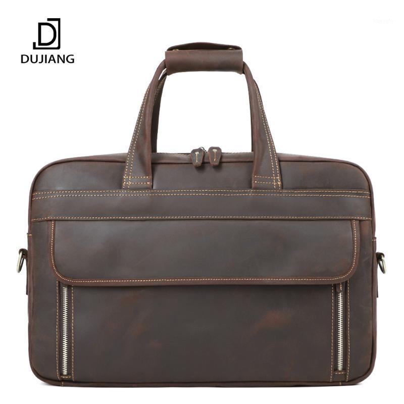 

2020 Vintage Men Leather Briefcase Handbags Business Crazy Horse Genuine Leather Portfolio men Briefcase Male Laptop Bag Office1, Coffee
