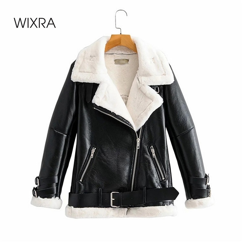 

Wixra Fake Faux Leather Jackets Womens Winter Thick Warm Coats With Lamb Wool Autumn Lace-up Casual Coats For Female 210201, Beige