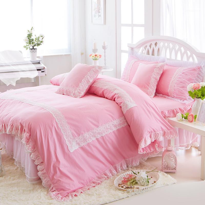 

Pink Green White Korean style  Queen King size Girls Bedding Set Cotton lace Bed set Duvet Cover Bed Skirt Sheet Pillow1