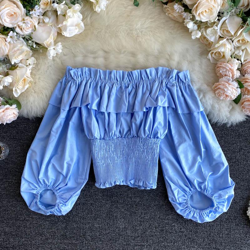 

Korean Lady New Fashion Retro Long Lantern Sleeve Elastic High Waist Short Shirt Autumn Slash Neck Solid Color Blouse N545, Black