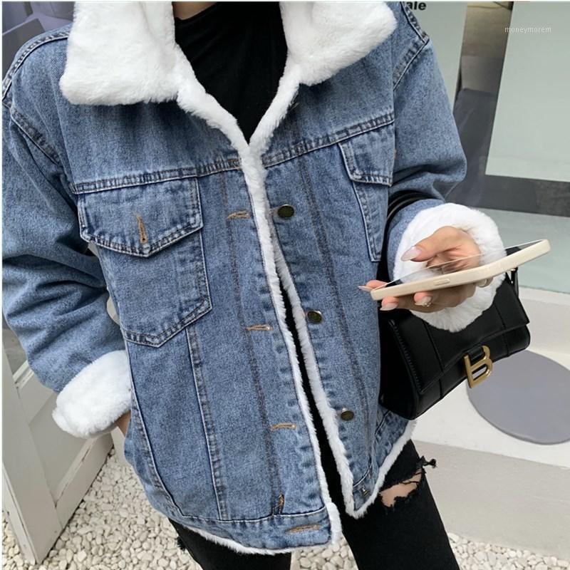 

Winter Fashion Thick Warm Women Short Denim Jacket Coat LambWool Outwear Jeans Outfit Female Loose Casual OverCoat Multi Pockets1, Photo color