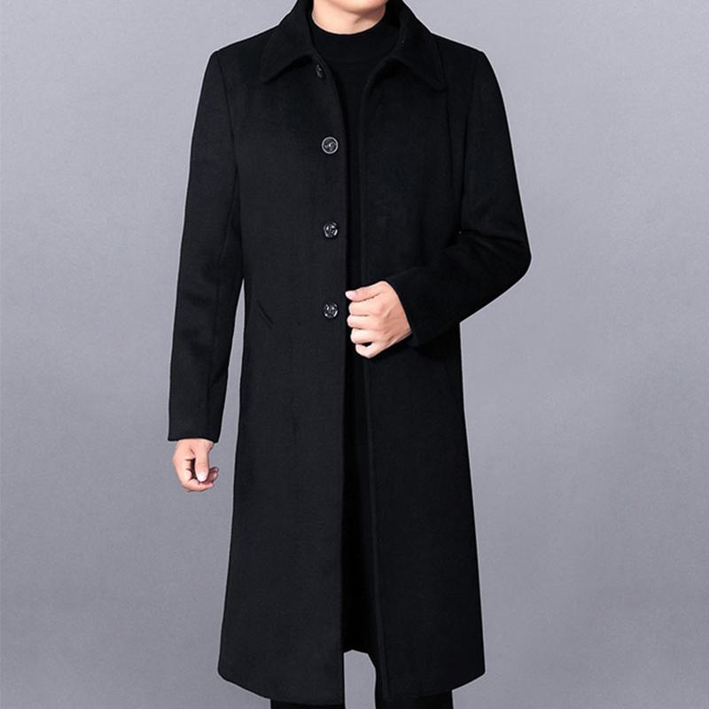 

New Fashion Men Long Over Knee Windbreaker Youth Woolen Coat Thick Casual Turn-down Collar Single Breasted Plus Size M-3XL, 175 black