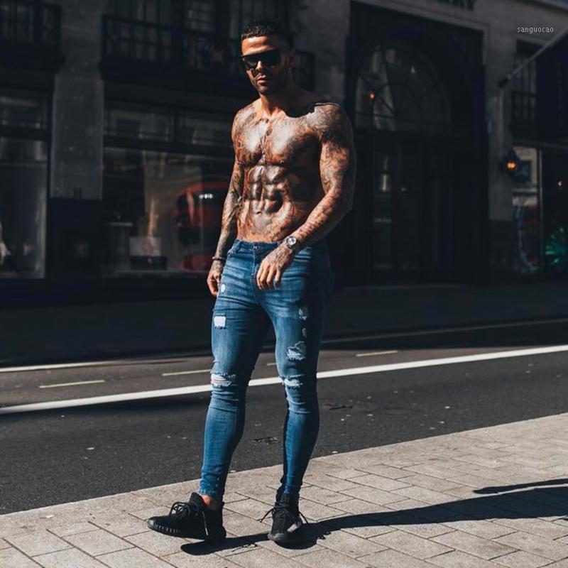

Melody 2020 Fashion streets Trendy Men Dark Blue Super Skinny Stretchy Ripped Jeans Hip Hop Hole Denim Straight Leg Pencil Pants1