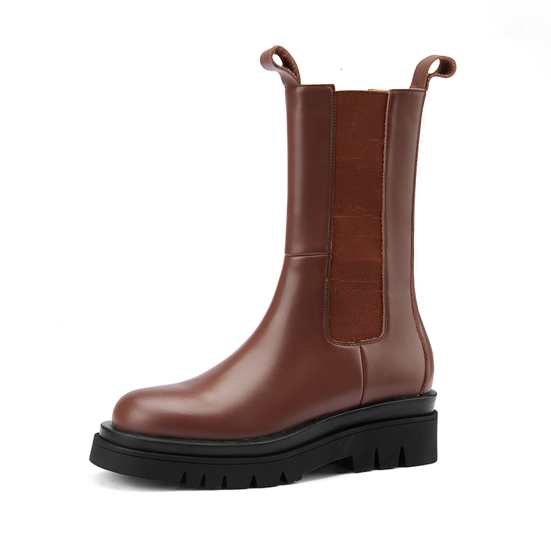 

2021 New Genuine Leather Women's Boots Fashion Elastic Band Thick Pumps Casual Party Shoes Women Heels 5ec7, Brown