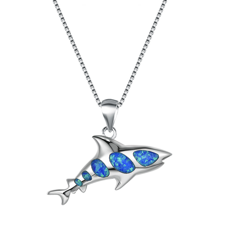 

White Gold Filled Shark Pendant Blue White Fire Opal Necklaces For Women Cute Fish Necklace Female Wedding Jewelry