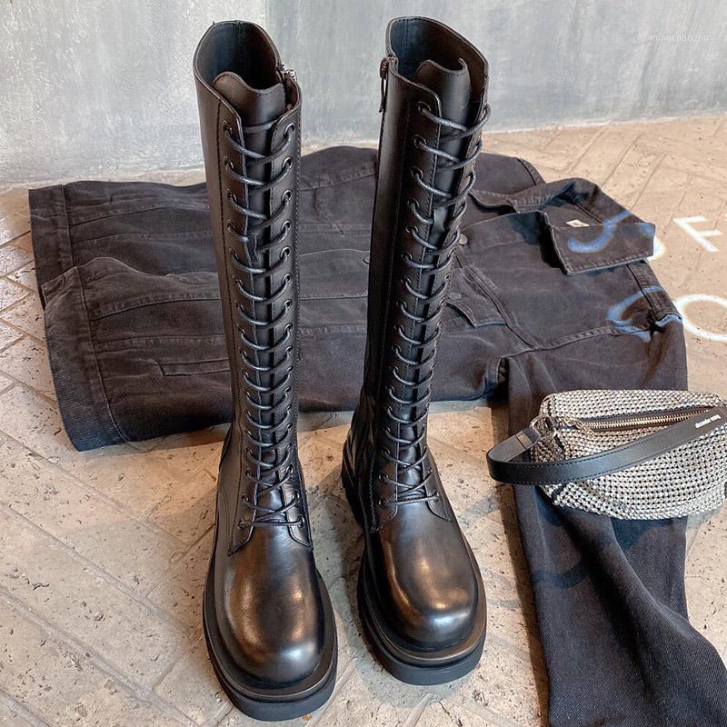 

Madin Thigh-high knee-high Boots 2020 new Autumn/Winter lace-up flat versatile rider boots Top quality counter with dust bag1, Black