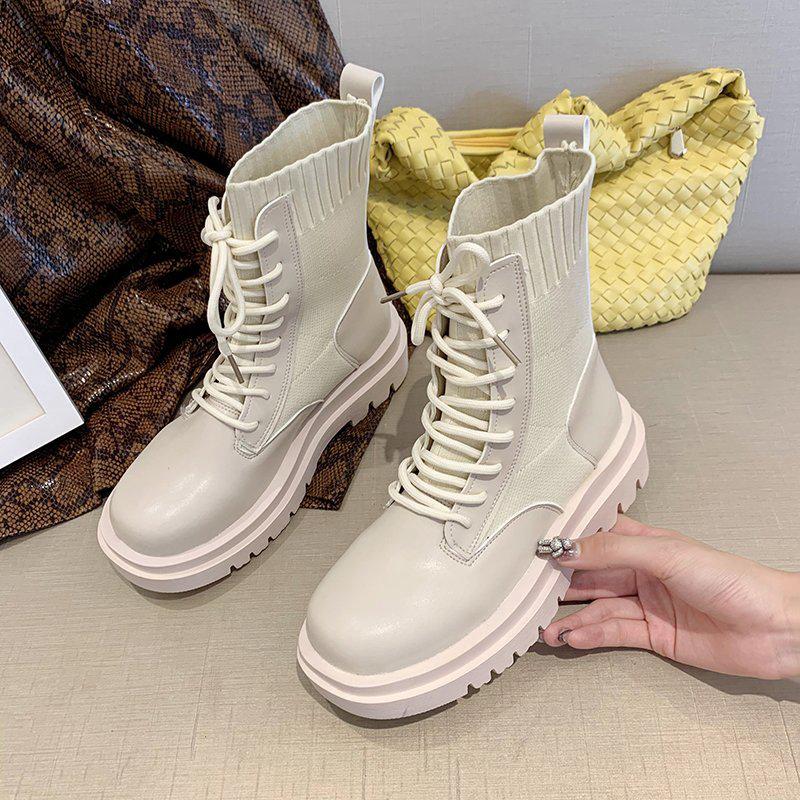 

MPD Leather Ankle Boots Woman Lace Up Shoes Woman Fashion Knitted Elastic Round Toe Short Boots Platform Square Heels, Black
