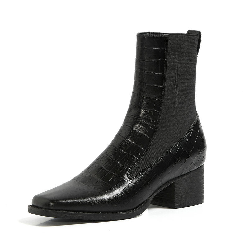 

2021 New Brand Cow Leather Ankle Boots for Women High Heels Elastic Band Short Ladies Shoes Woman Square Toe Party Wedding Pumps X6sm, Wenlu