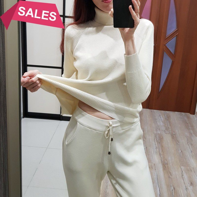 

2021 New Long Sleeve Women's Knitted Suit Autumn Winter Woman Turtleneck Costume Sweater Two Piece Set Tracksuits Pull Rvs5, Blue 1885