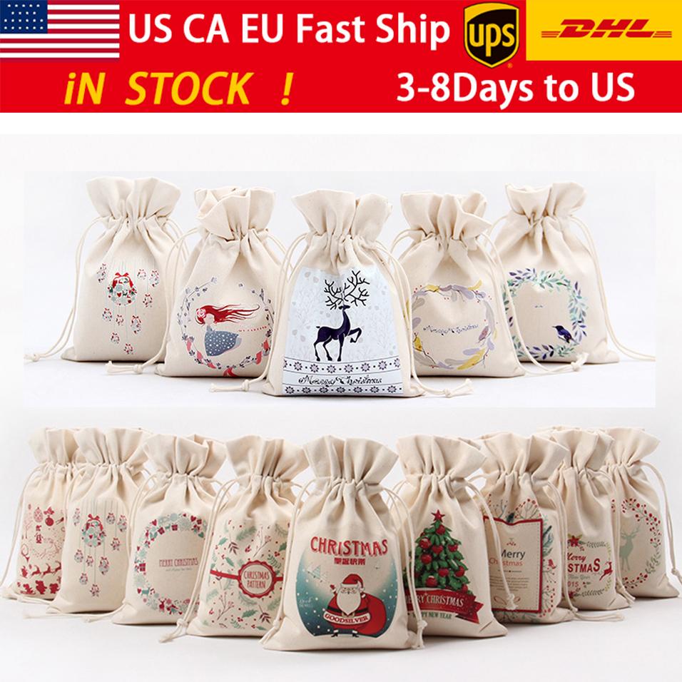 

In Stock DHL Ship Christmas Festival Hand-held Bag Drawstring Party Gift Collection Pocket Twill Canvas Christmas Package Gift Bag FY4267