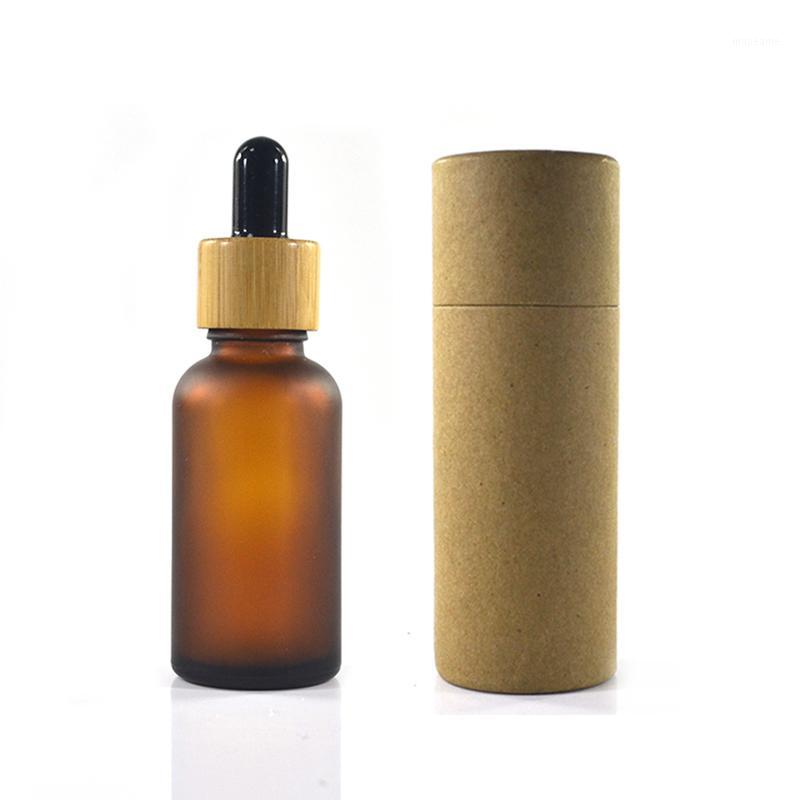 

100pcs 30ml frosted amber glass bottle with bamboo cap with paper tube packaging scale dropper1