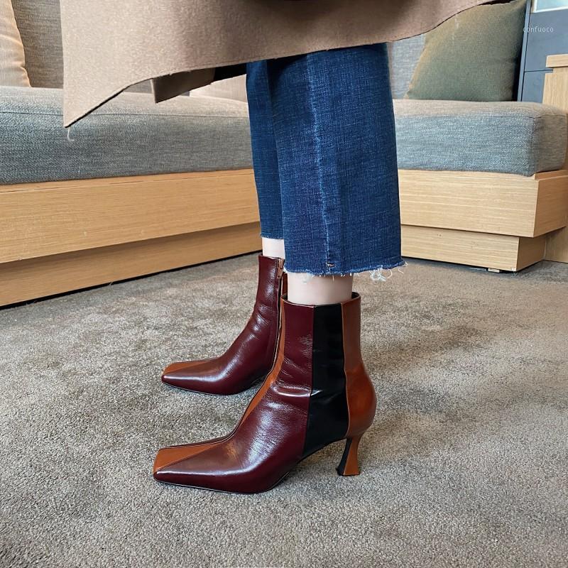 

ankle boots women's shoes genuine leather mixed colors square toe high strange heels party ankle boots size 431
